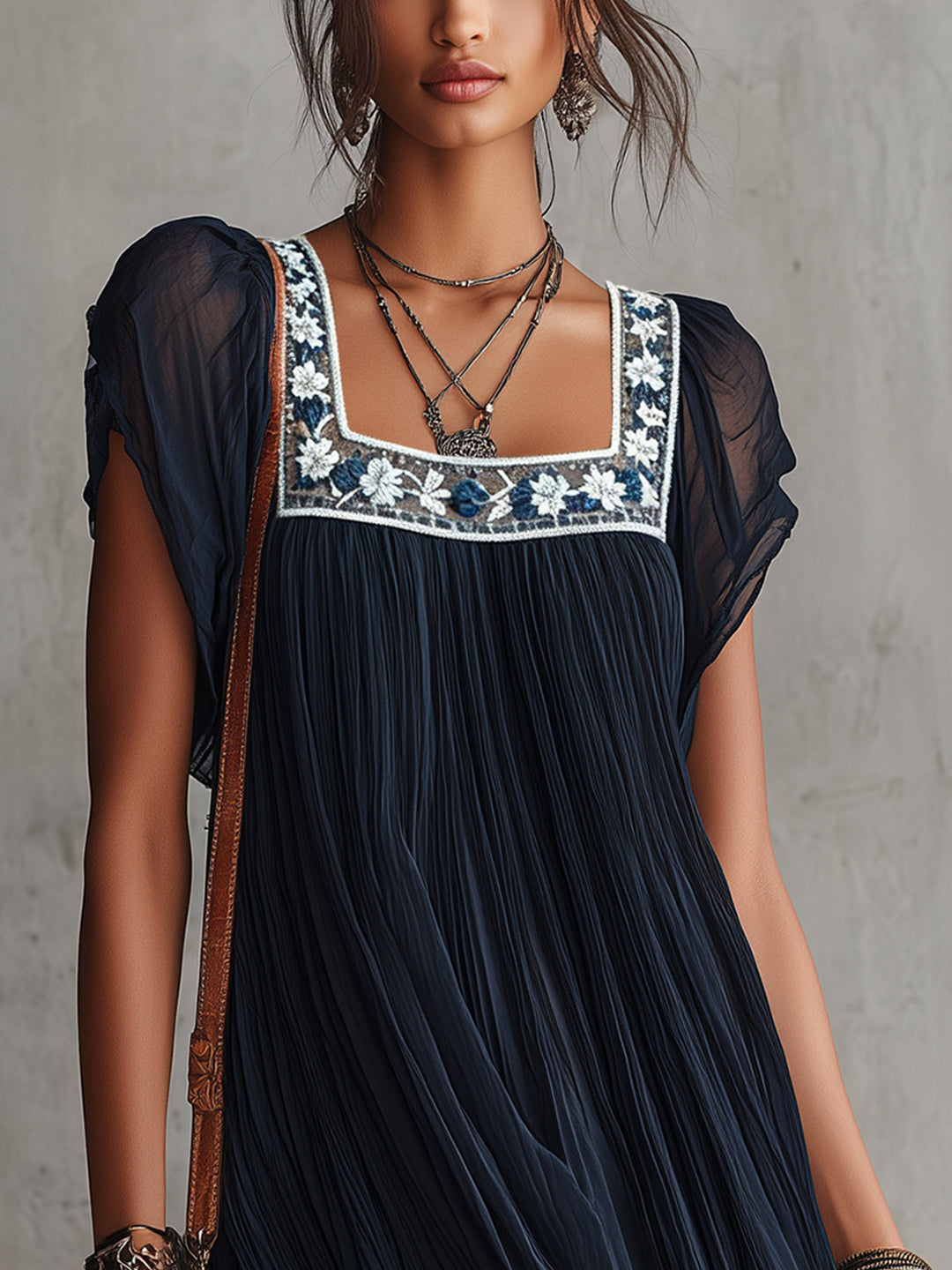 Navy Blue Floral Embroidered Pleated Mini Dress
