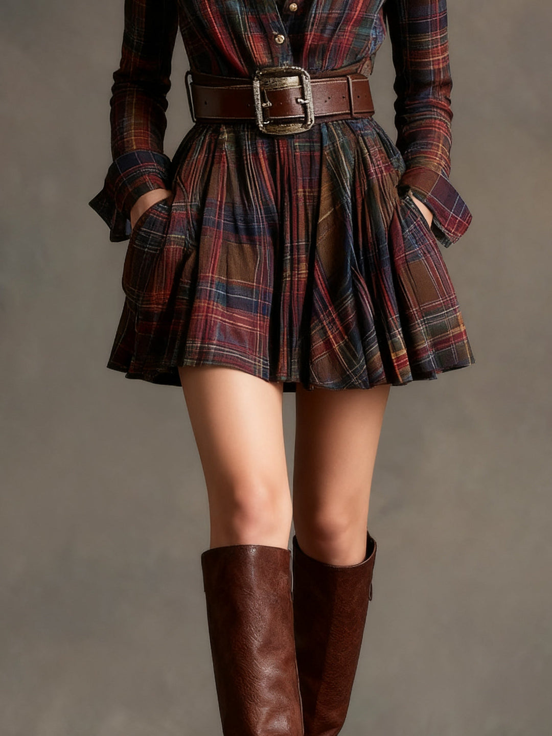 Vintage Mini Dress with Red and Brown Plaid Collar (Includes belt)