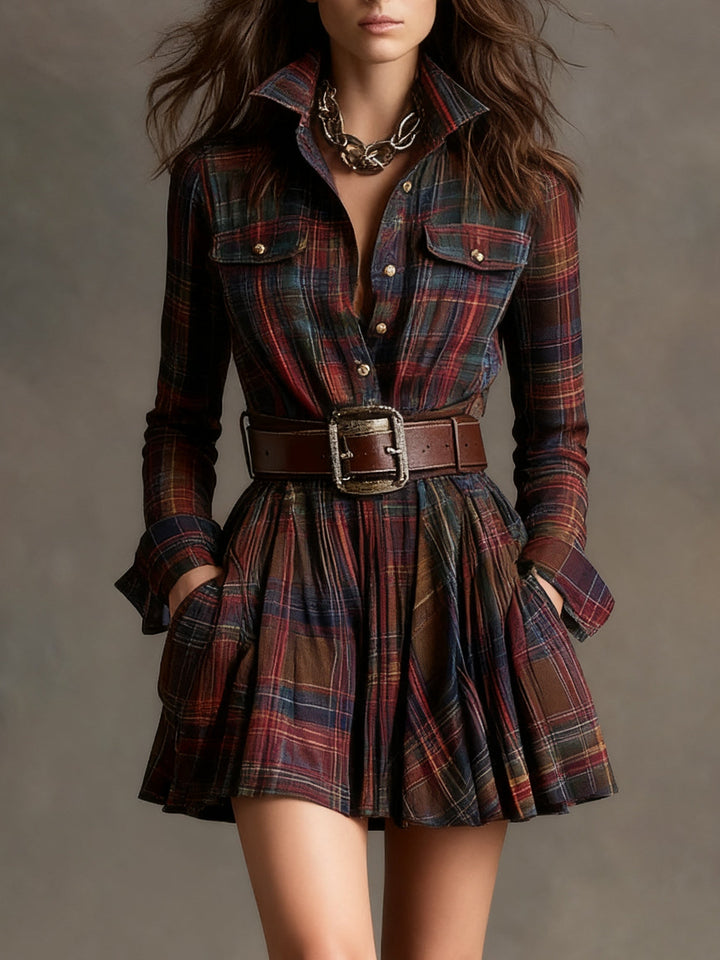 Vintage Mini Dress with Red and Brown Plaid Collar (Includes belt)