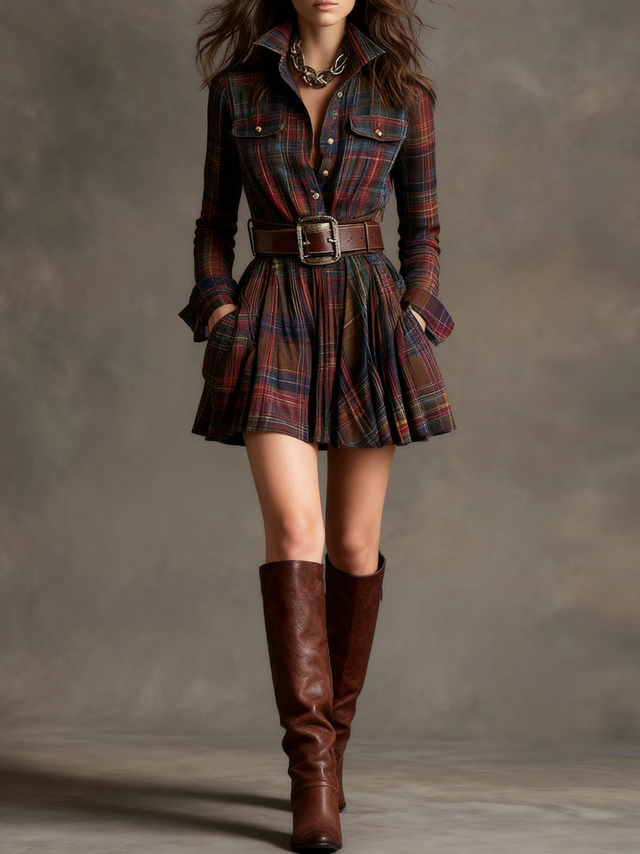 Vintage Mini Dress with Red and Brown Plaid Collar (Includes belt)