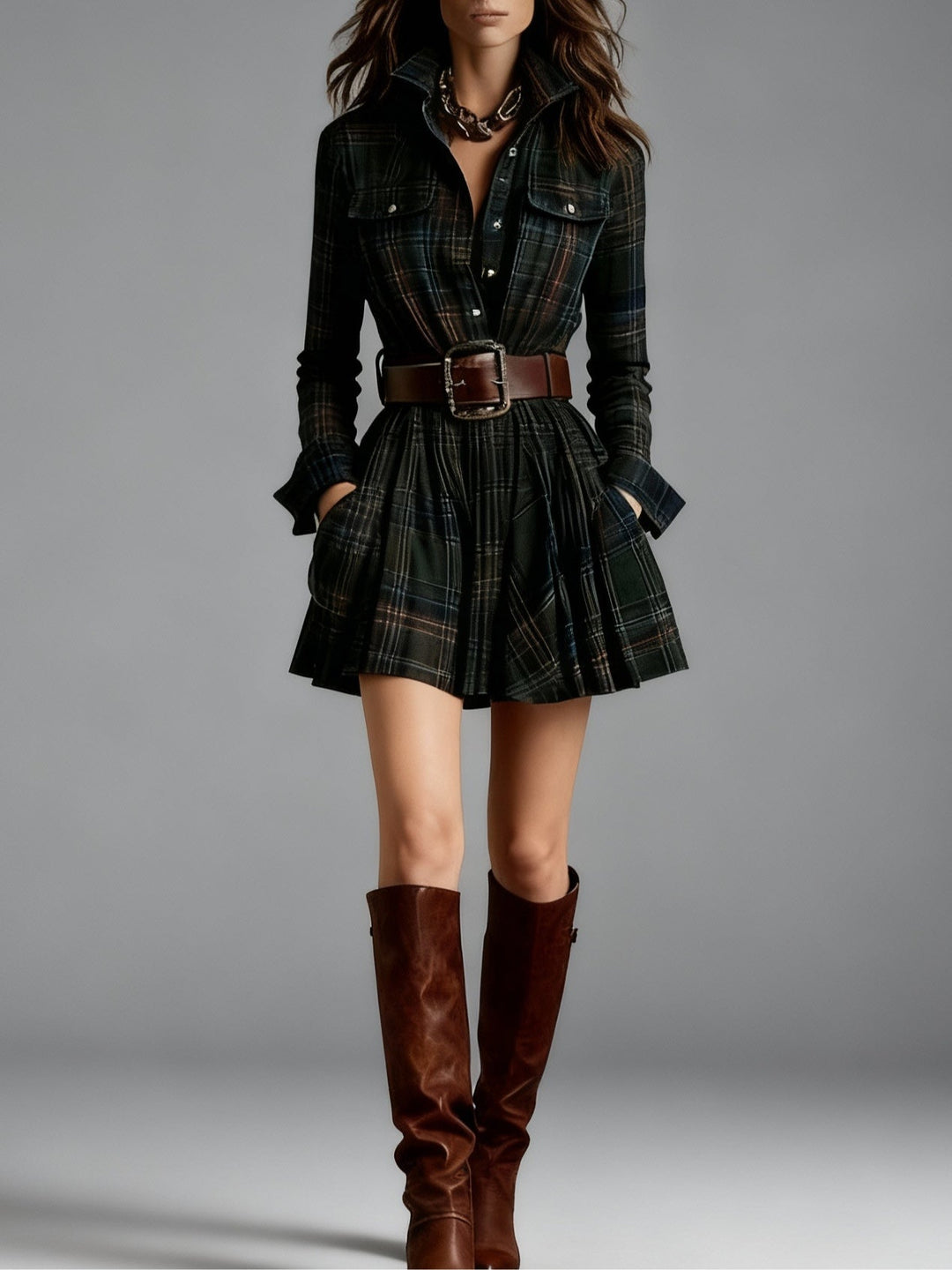 Vintage Mini Dress with Red and Brown Plaid Collar (Includes belt)