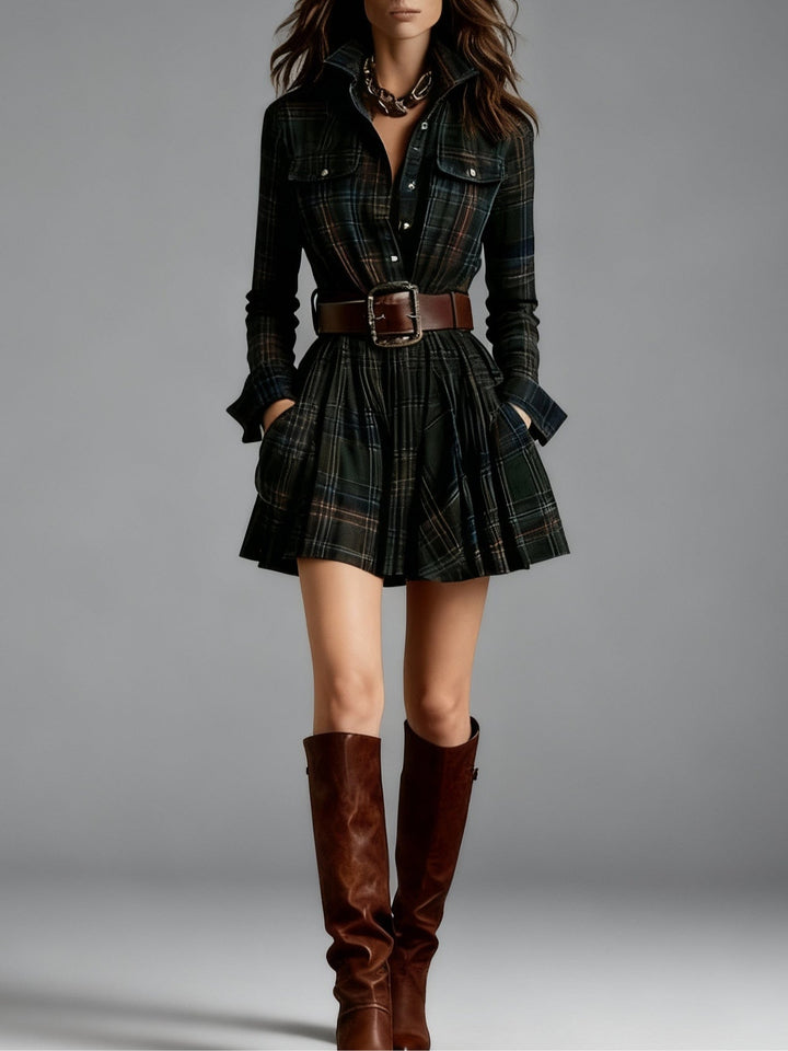Vintage Mini Dress with Red and Brown Plaid Collar (Includes belt)