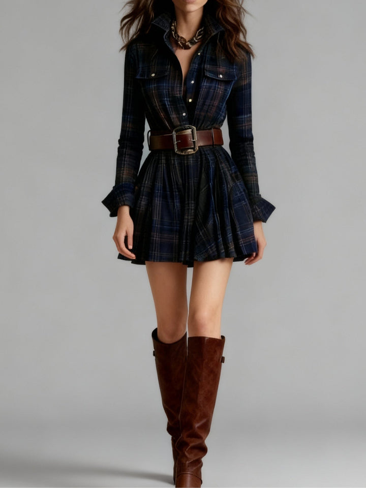 Vintage Mini Dress with Red and Brown Plaid Collar (Includes belt)